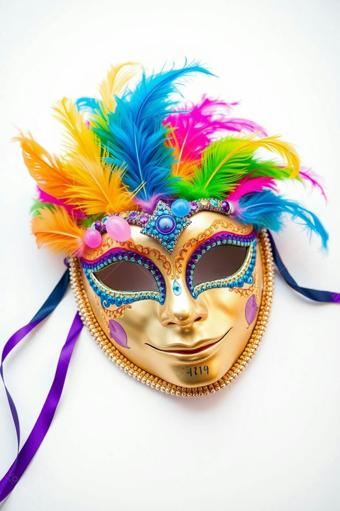 Máscara de Carnaval Dourada com Penas Coloridas