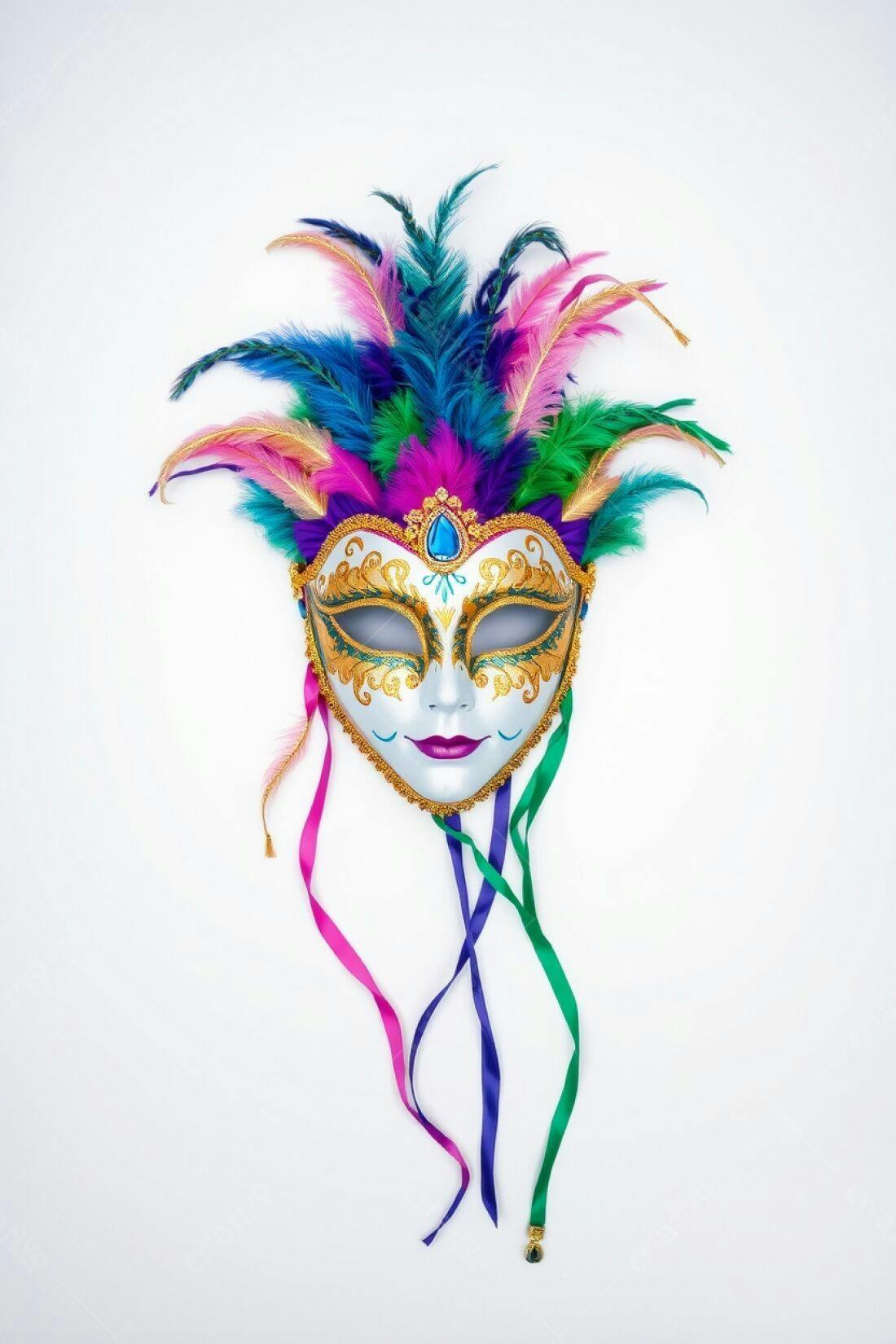 Máscara de Carnaval colorida com penas