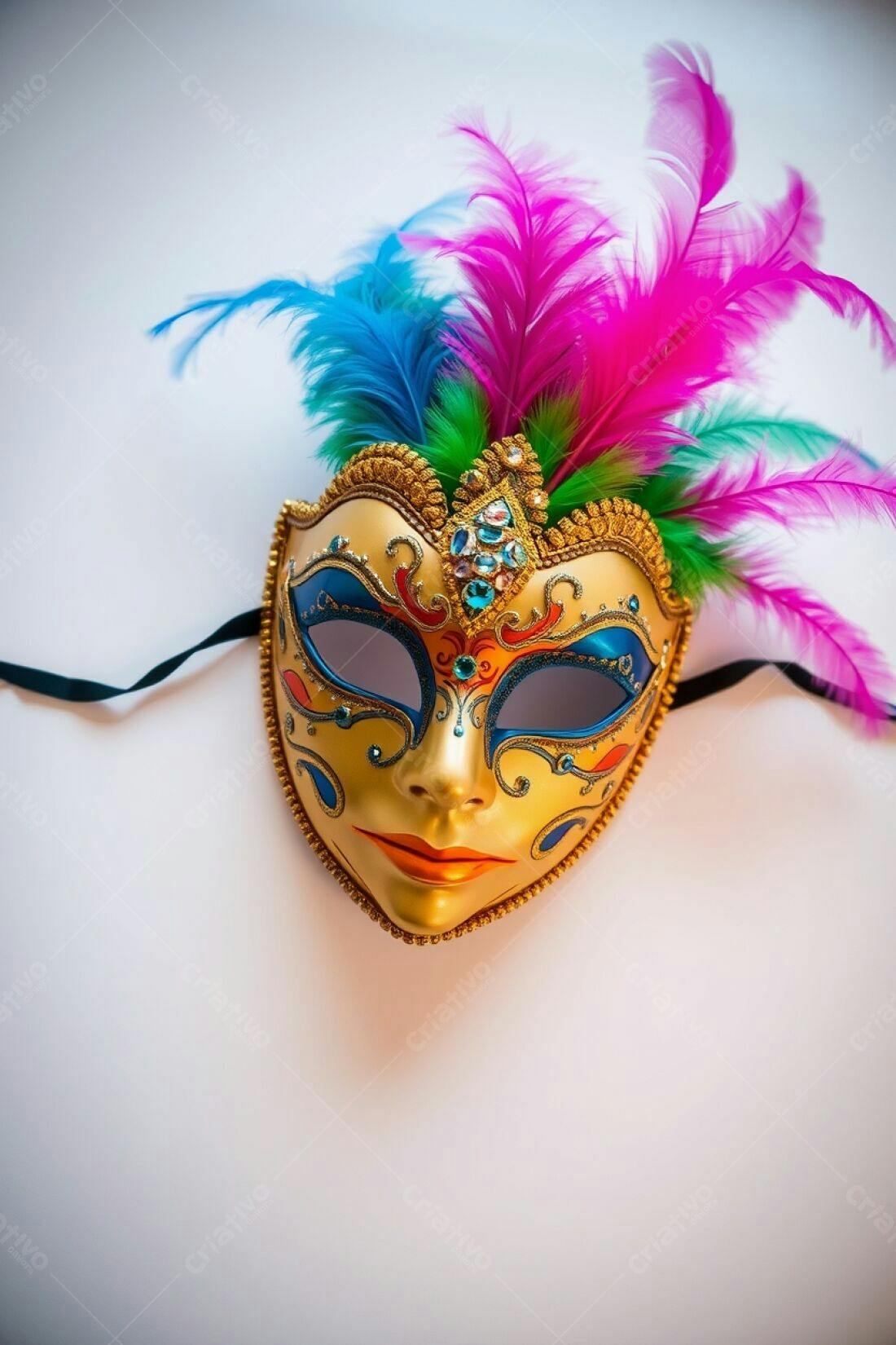 Máscara de Carnaval Dourada com Penas Coloridas