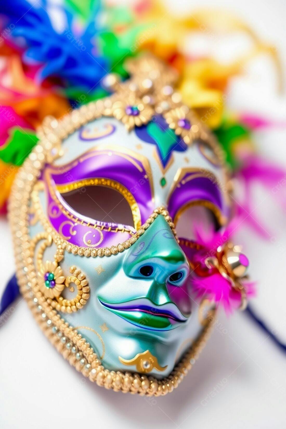 Máscara de Carnaval colorida com penas