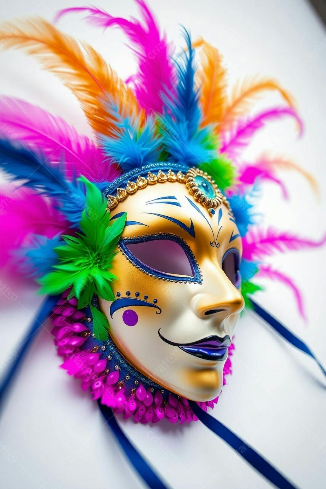 Máscara de Carnaval colorida com penas