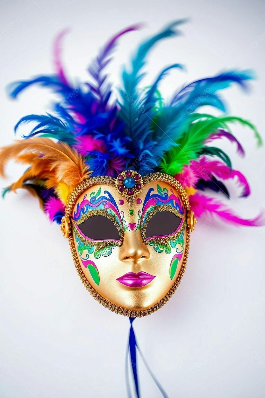 Máscara de Carnaval Dourada com Penas Coloridas