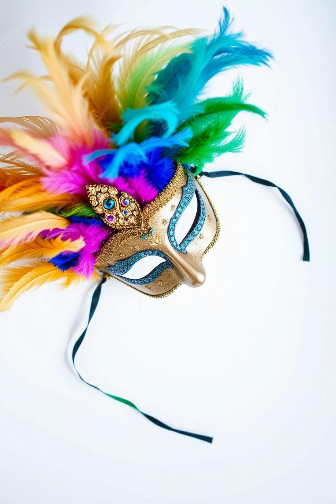 Máscara de Carnaval Dourada com Penas Coloridas