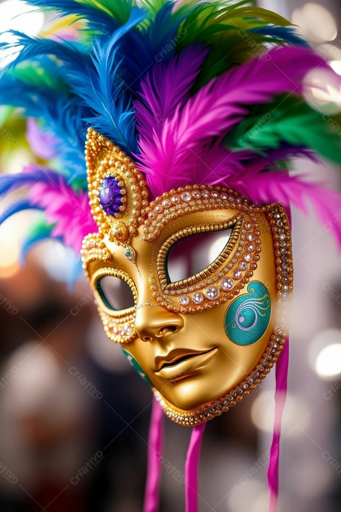 Máscara Dourada com Penas Carnaval