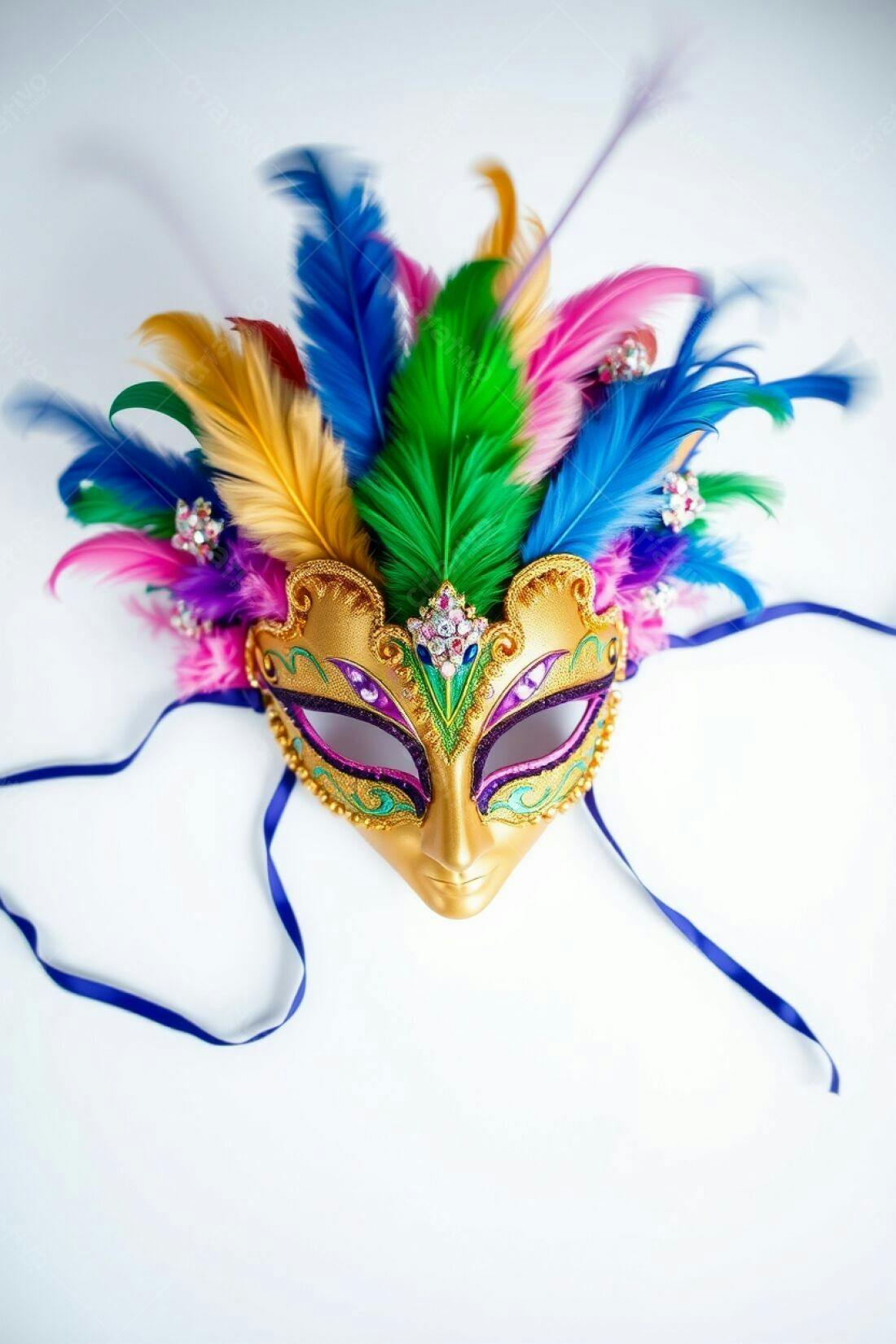 Máscara de Carnaval Dourada com Penas Coloridas