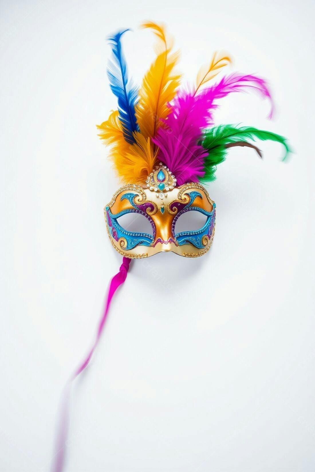 Máscara de Carnaval colorida com penas