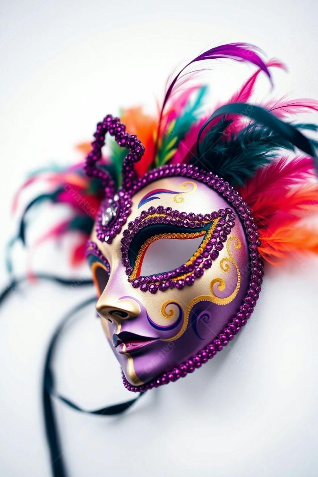 Máscara de Carnaval roxa com penas coloridas