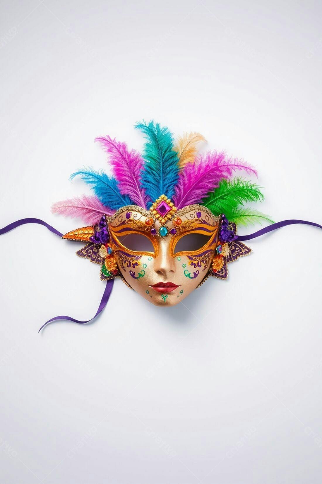 Máscara de Carnaval Dourada com Penas Coloridas