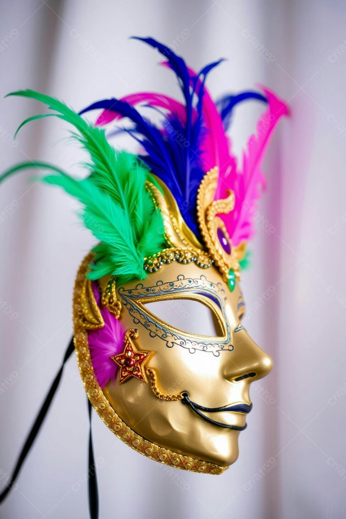 Máscara veneziana dourada com penas coloridas