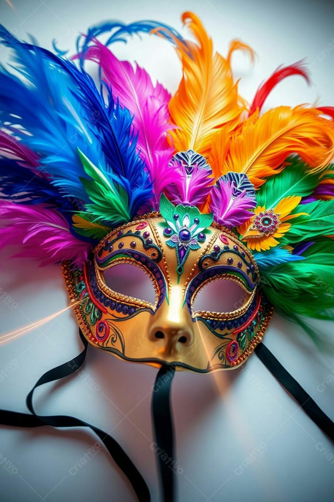 Máscara dourada com penas coloridas Carnaval