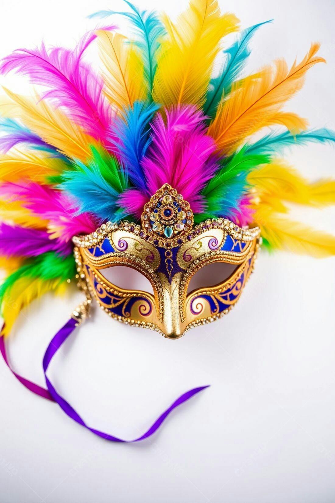 Máscara de Carnaval com Penas Coloridas