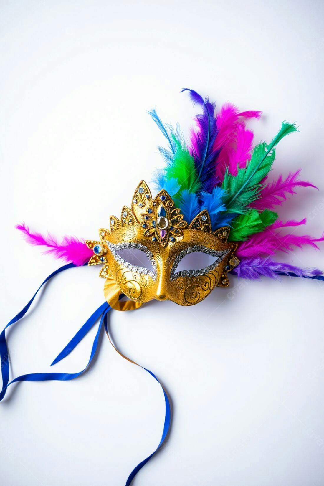 Máscara dourada com penas coloridas para Carnaval