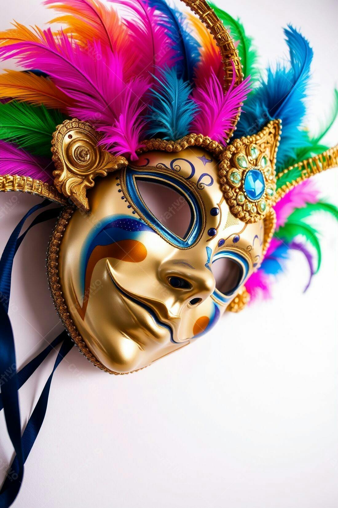 Máscara Dourada com Penas Coloridas para Carnaval