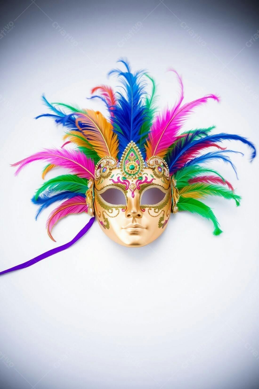 Máscara dourada com plumas coloridas para Carnaval