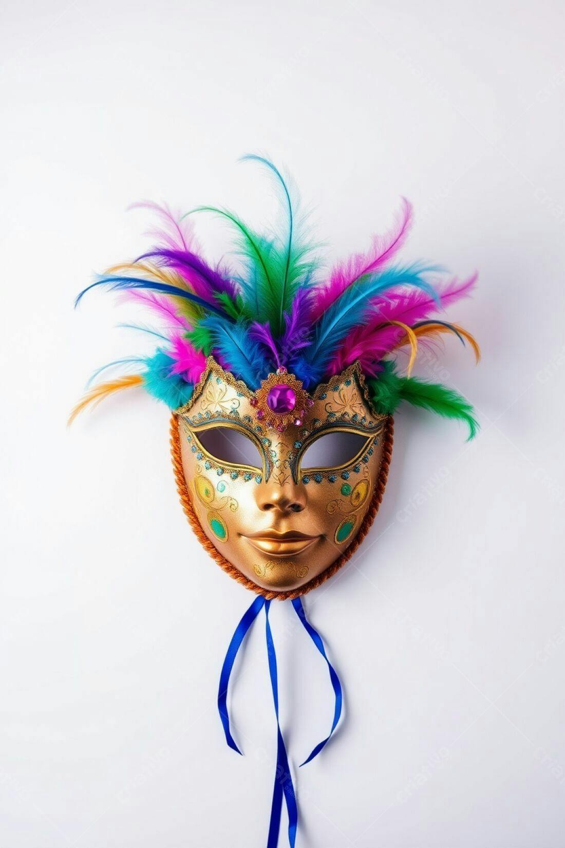 Máscara dourada com penas coloridas Carnaval