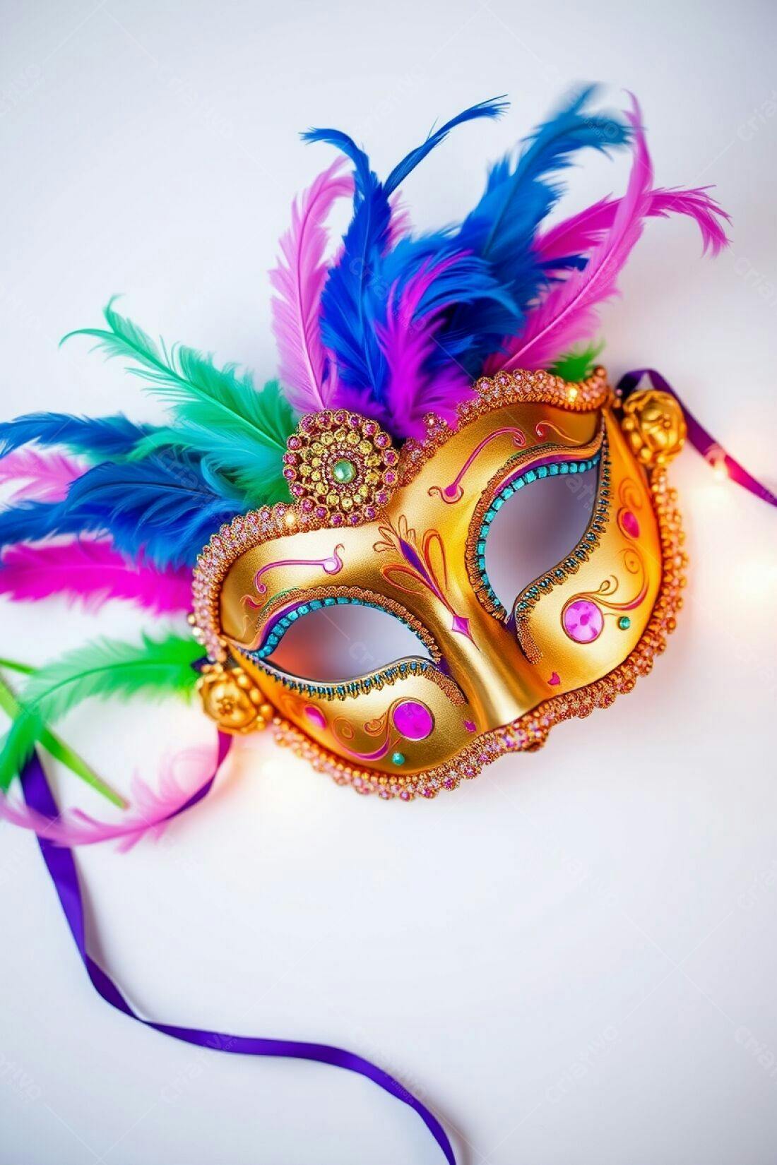 Máscara dourada com penas coloridas para Carnaval