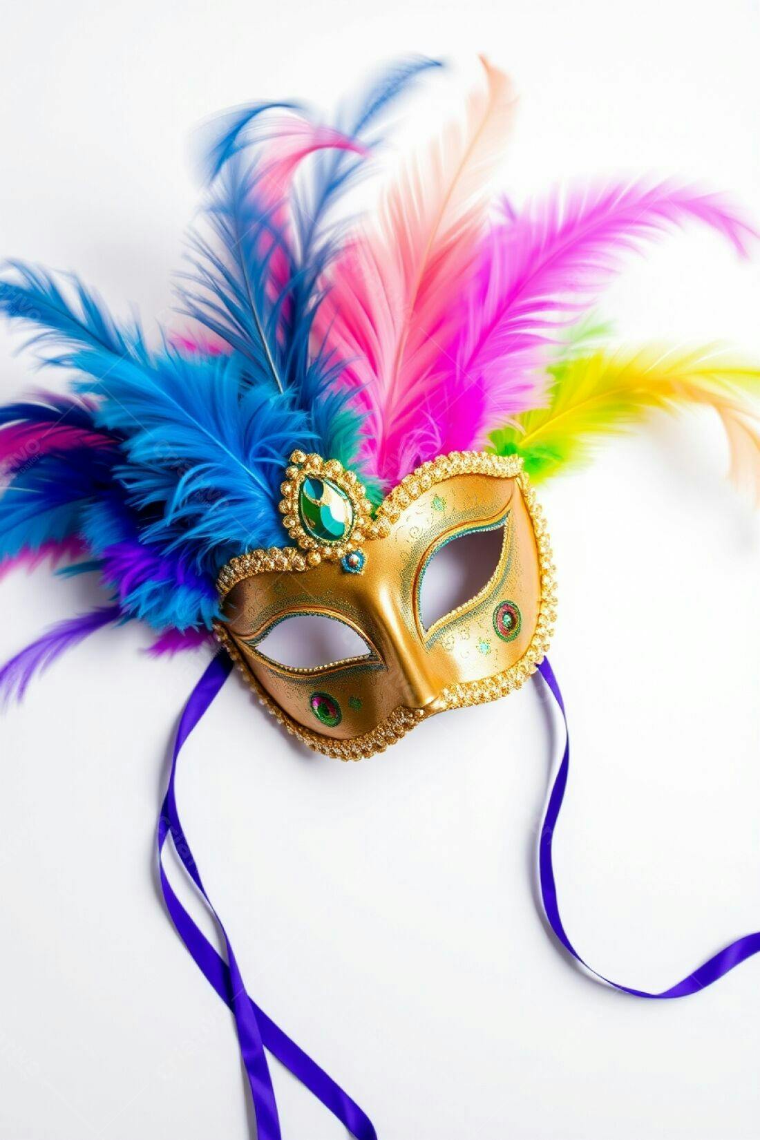 Máscara dourada com plumas coloridas para Carnaval