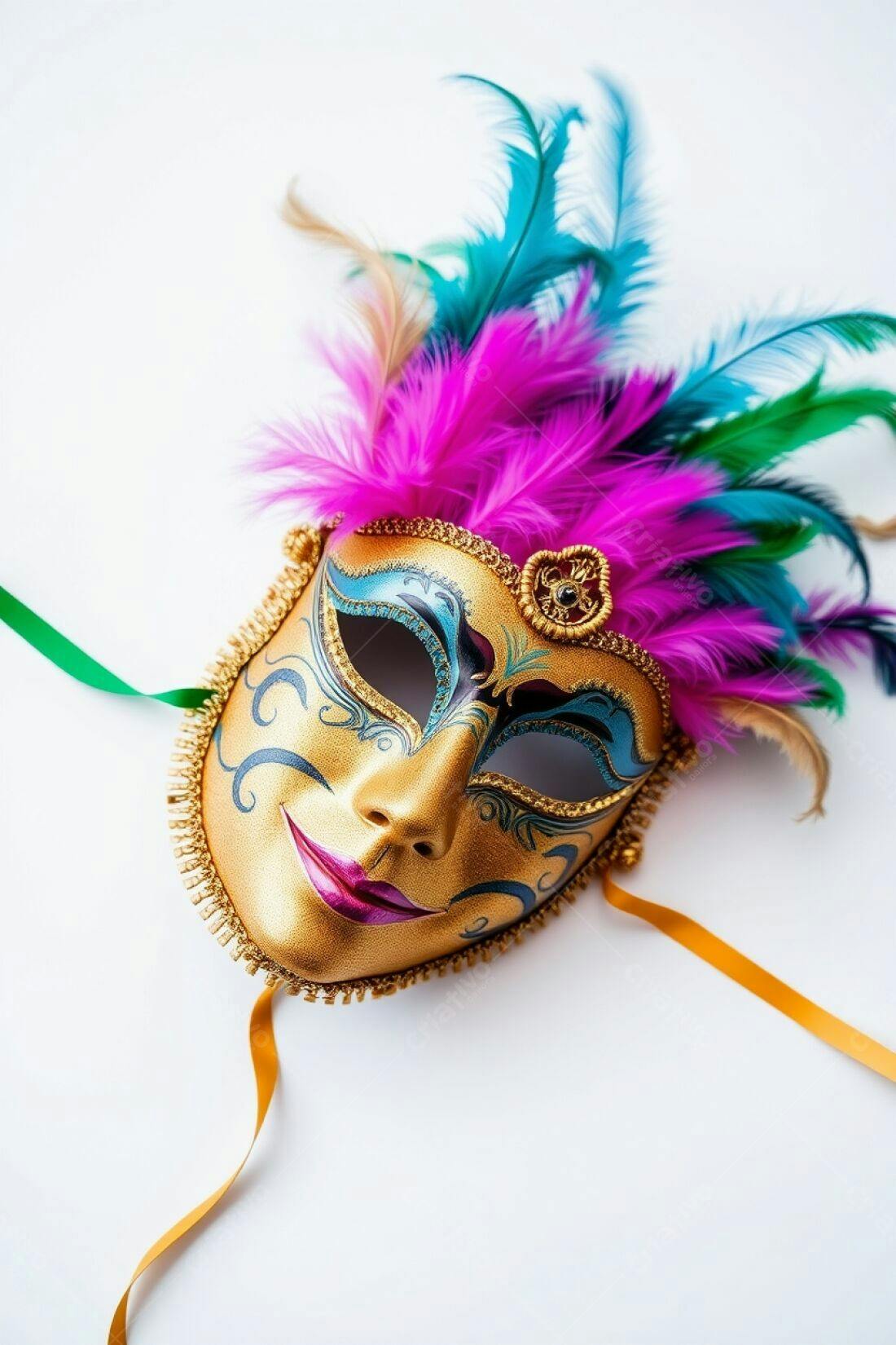Máscara dourada com penas coloridas Carnaval