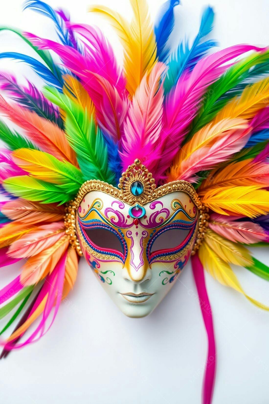 Máscara de Carnaval com Penas Coloridas
