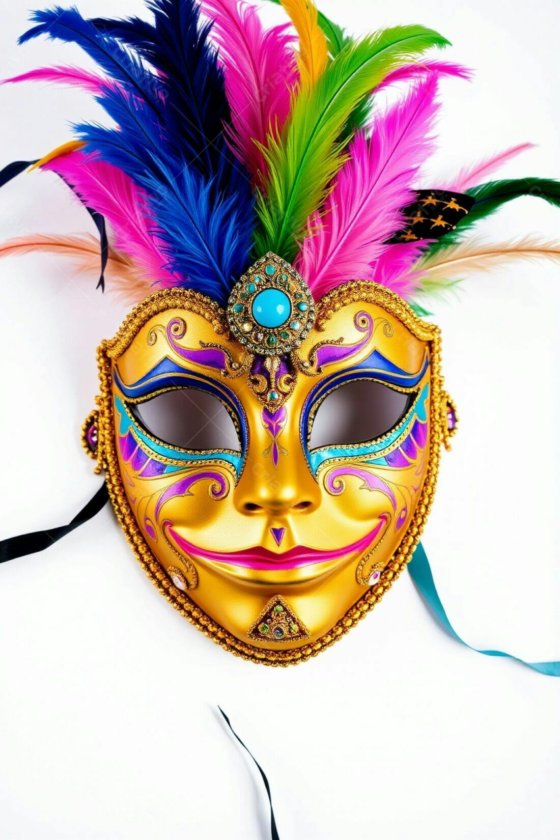 Máscara veneziana dourada com penas coloridas