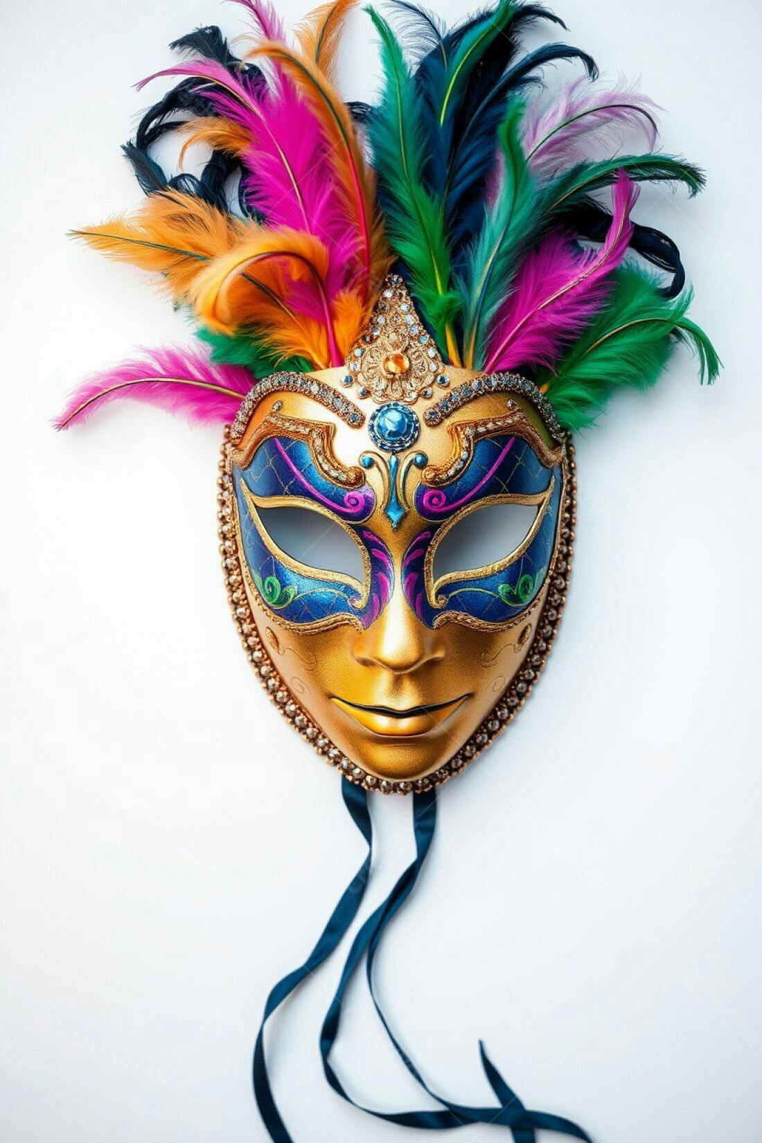 Máscara de Carnaval Dourada com Penas Coloridas