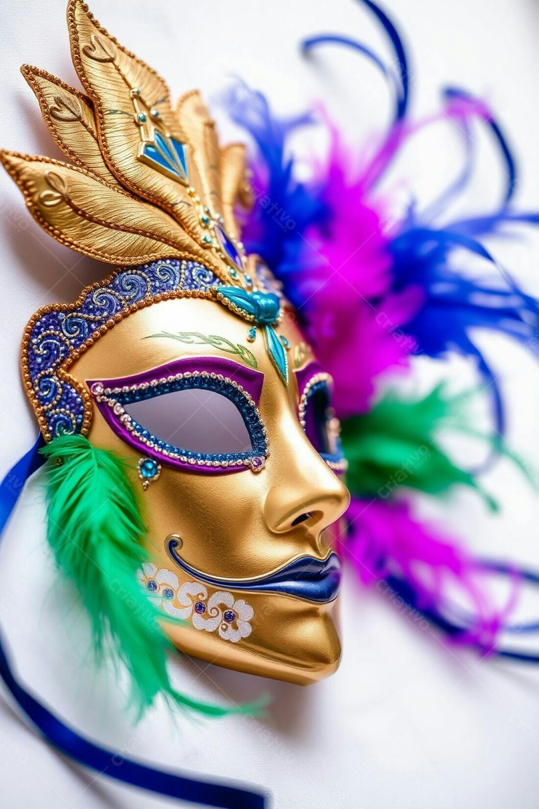 Máscara de Carnaval Dourada com Penas