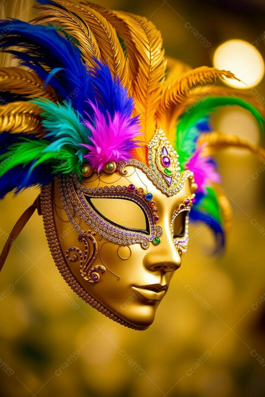 Máscara Dourada com Penas Carnaval