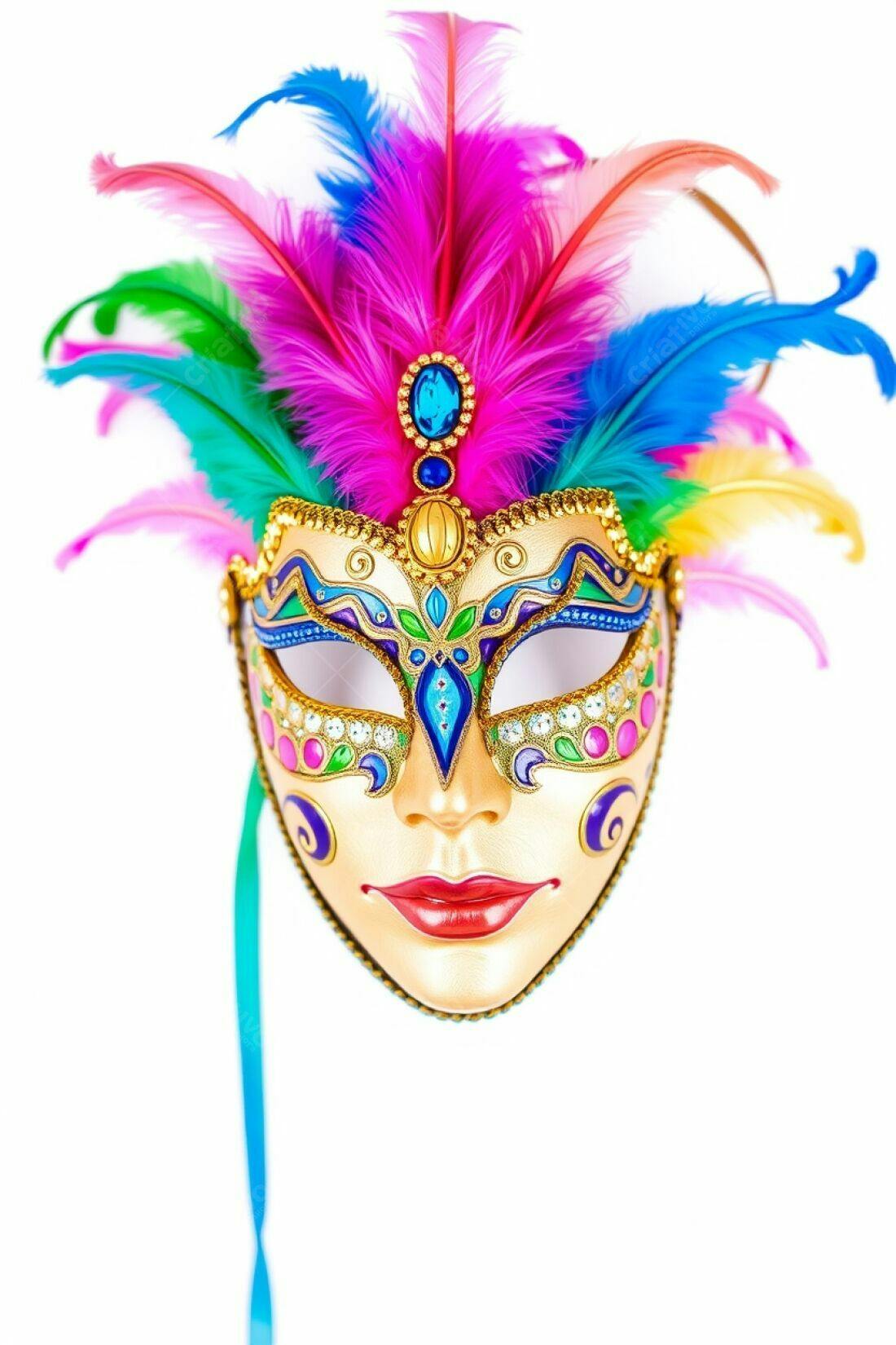 Máscara de Carnaval colorida com penas