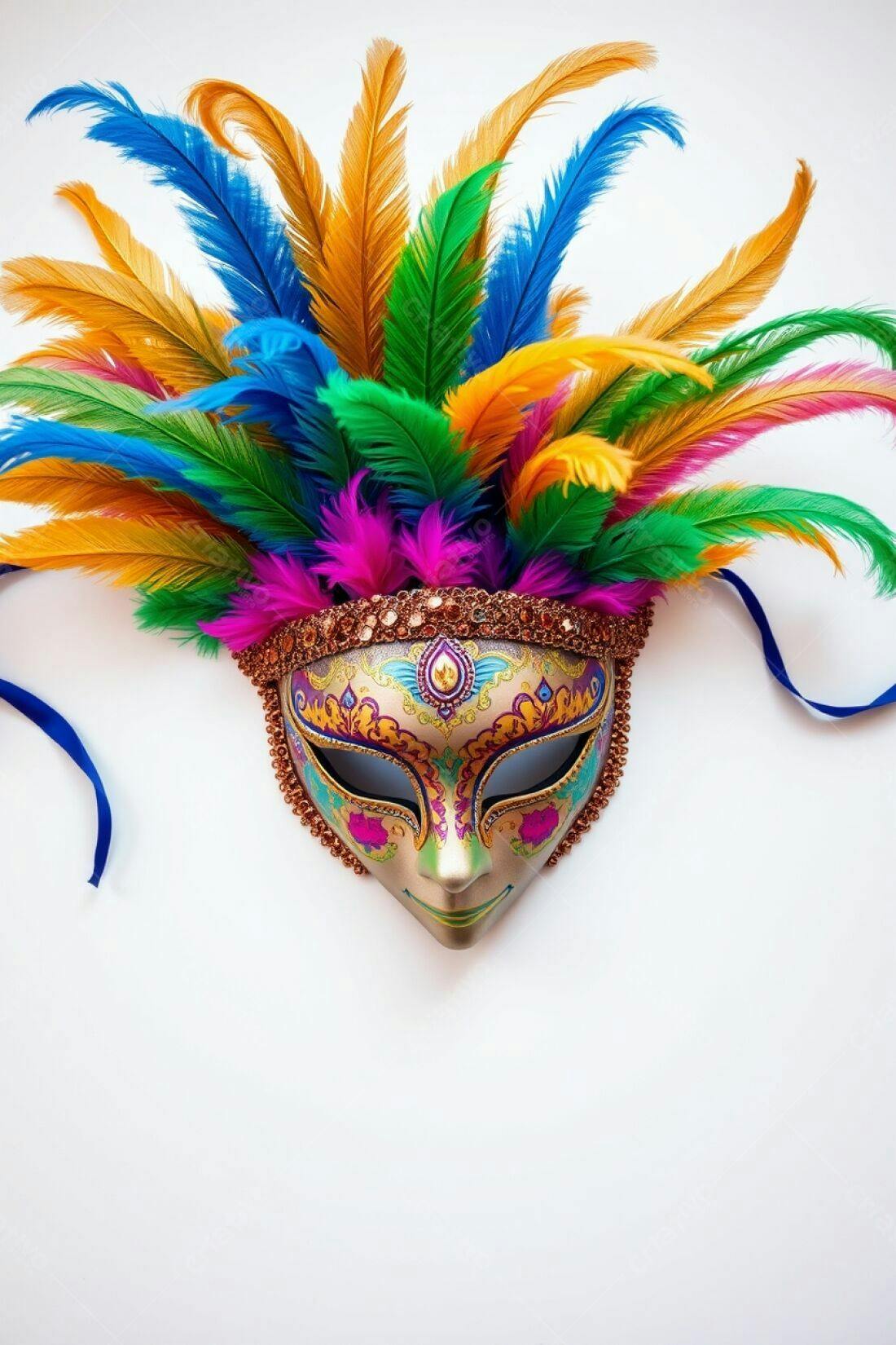 Máscara de Carnaval colorida com penas