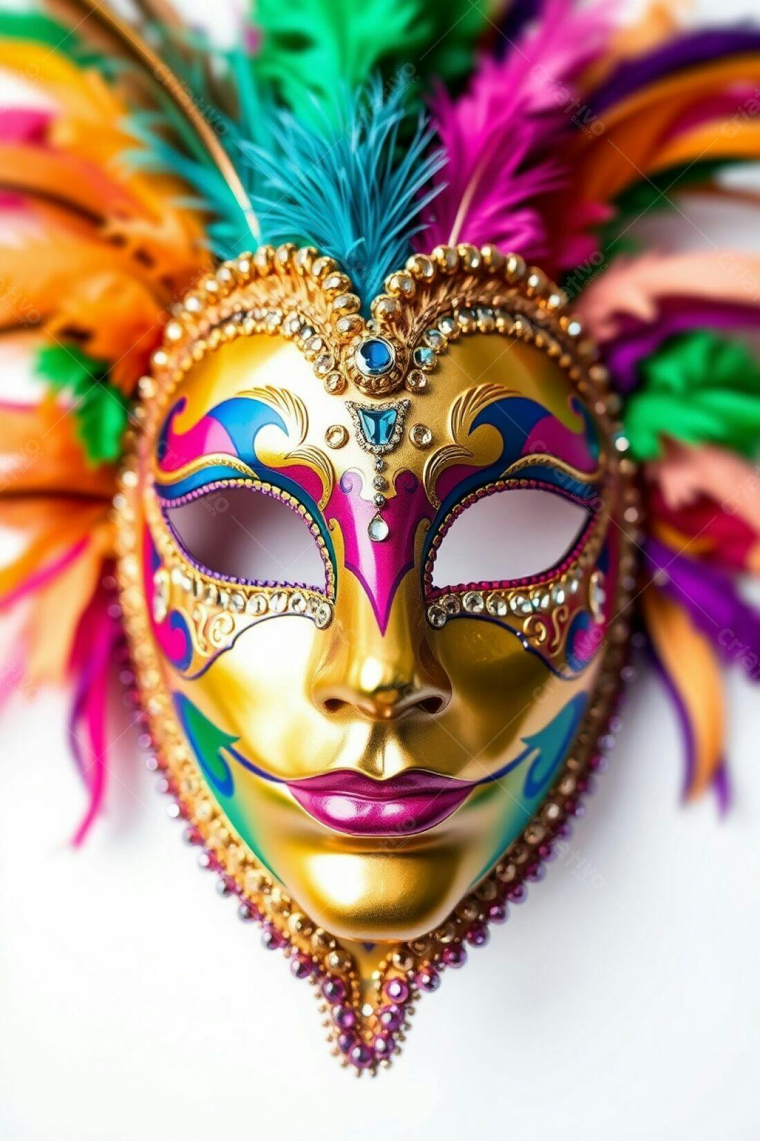 Máscara de Carnaval Dourada com Penas Coloridas