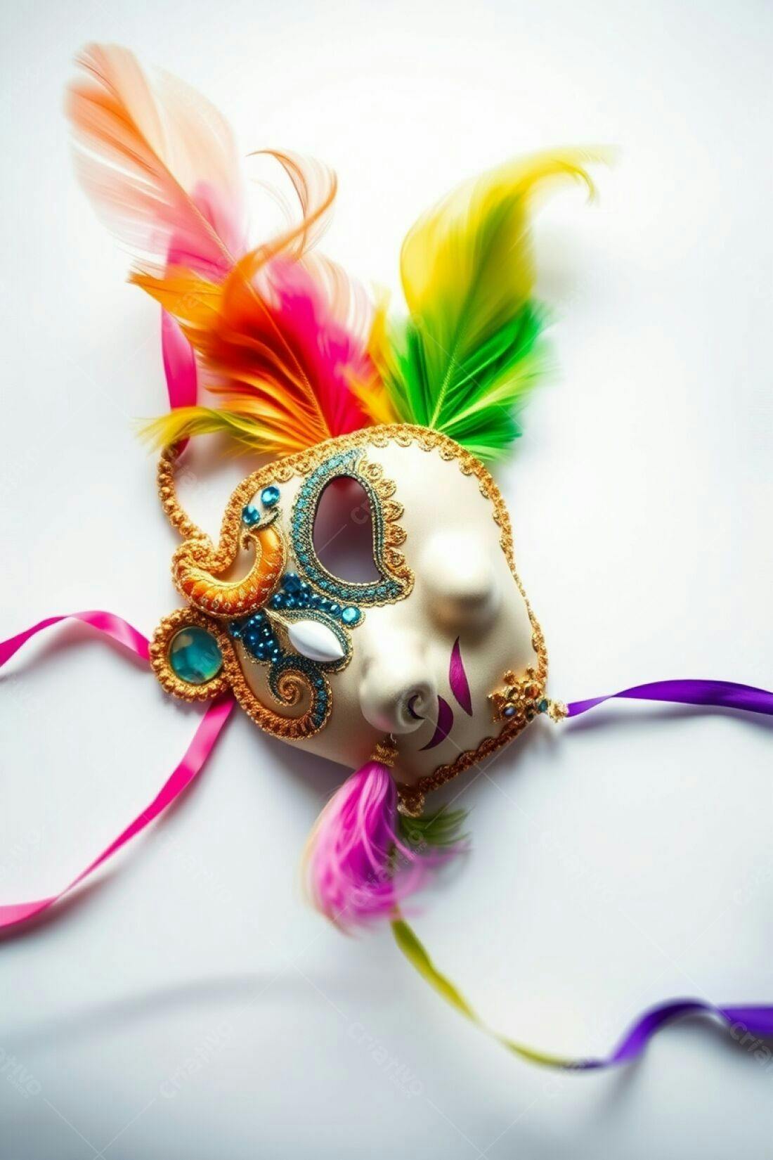 Máscara de Carnaval colorida com penas