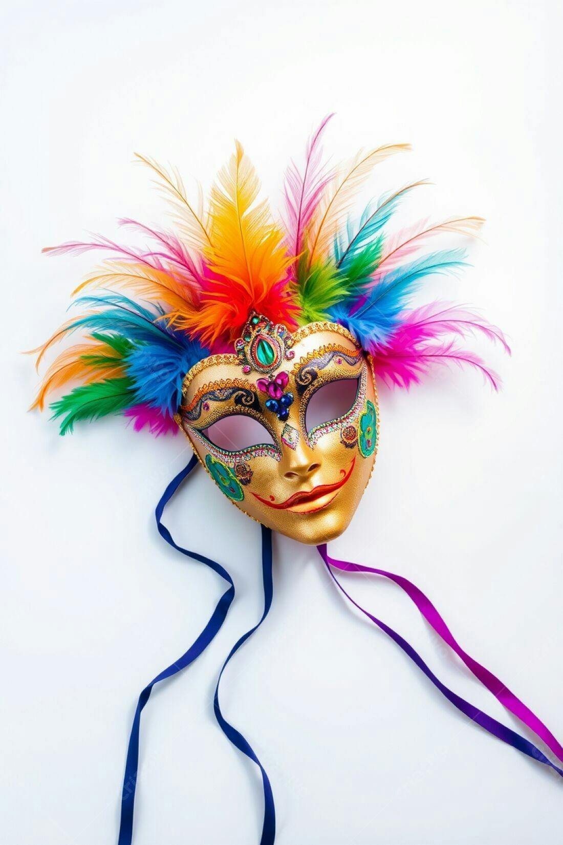 Máscara de Carnaval Dourada com Penas Coloridas