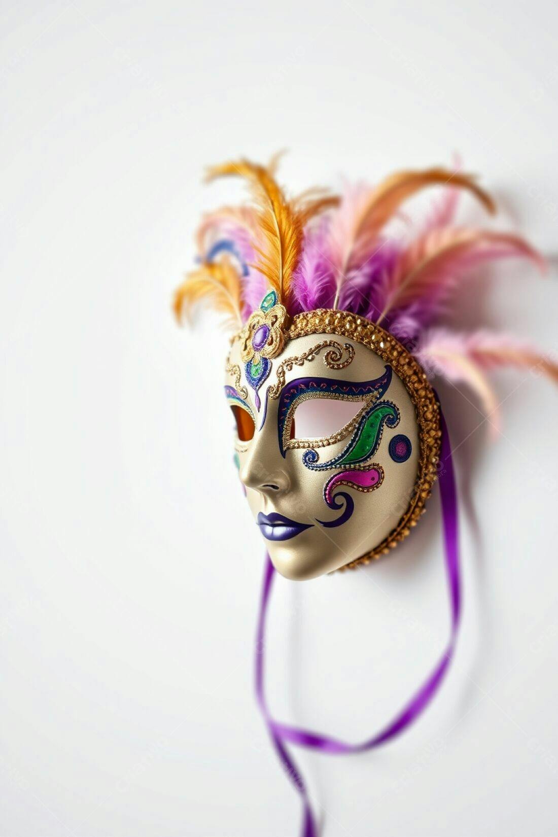 Máscara de Carnaval Dourada com Penas