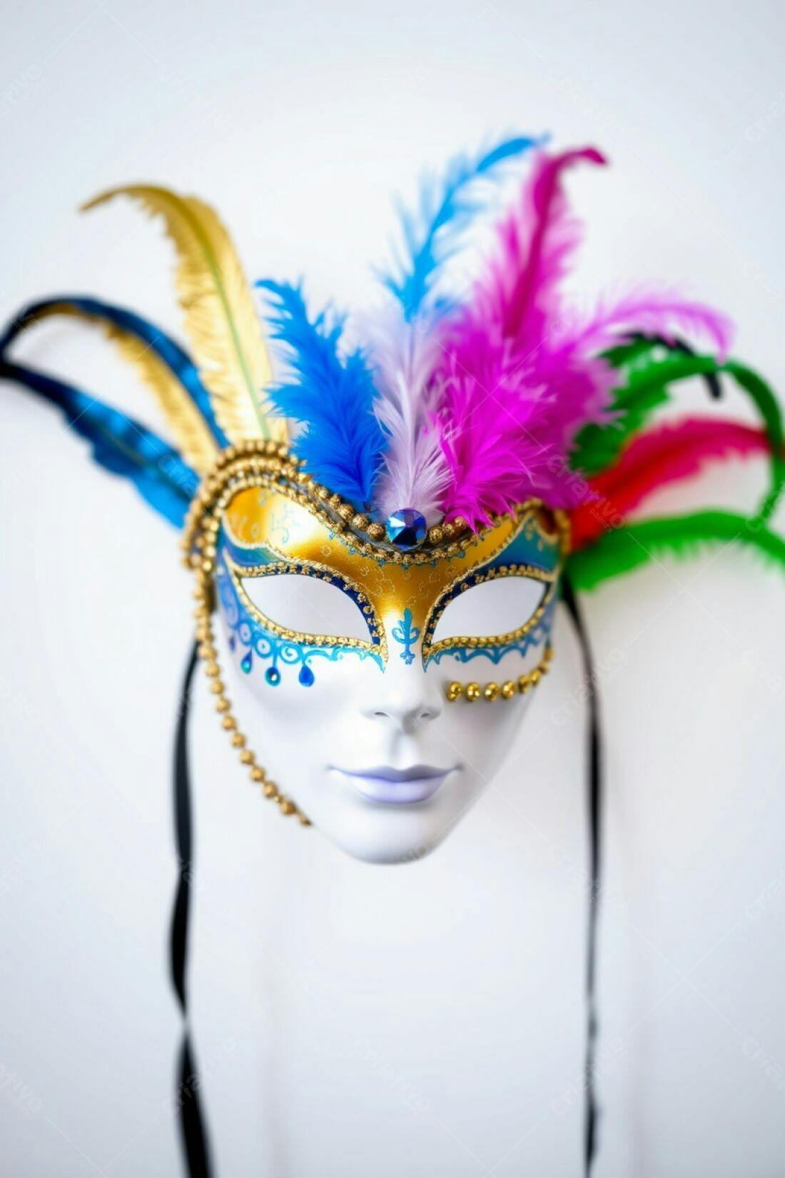 Máscara de Carnaval Azul Dourada com Penas