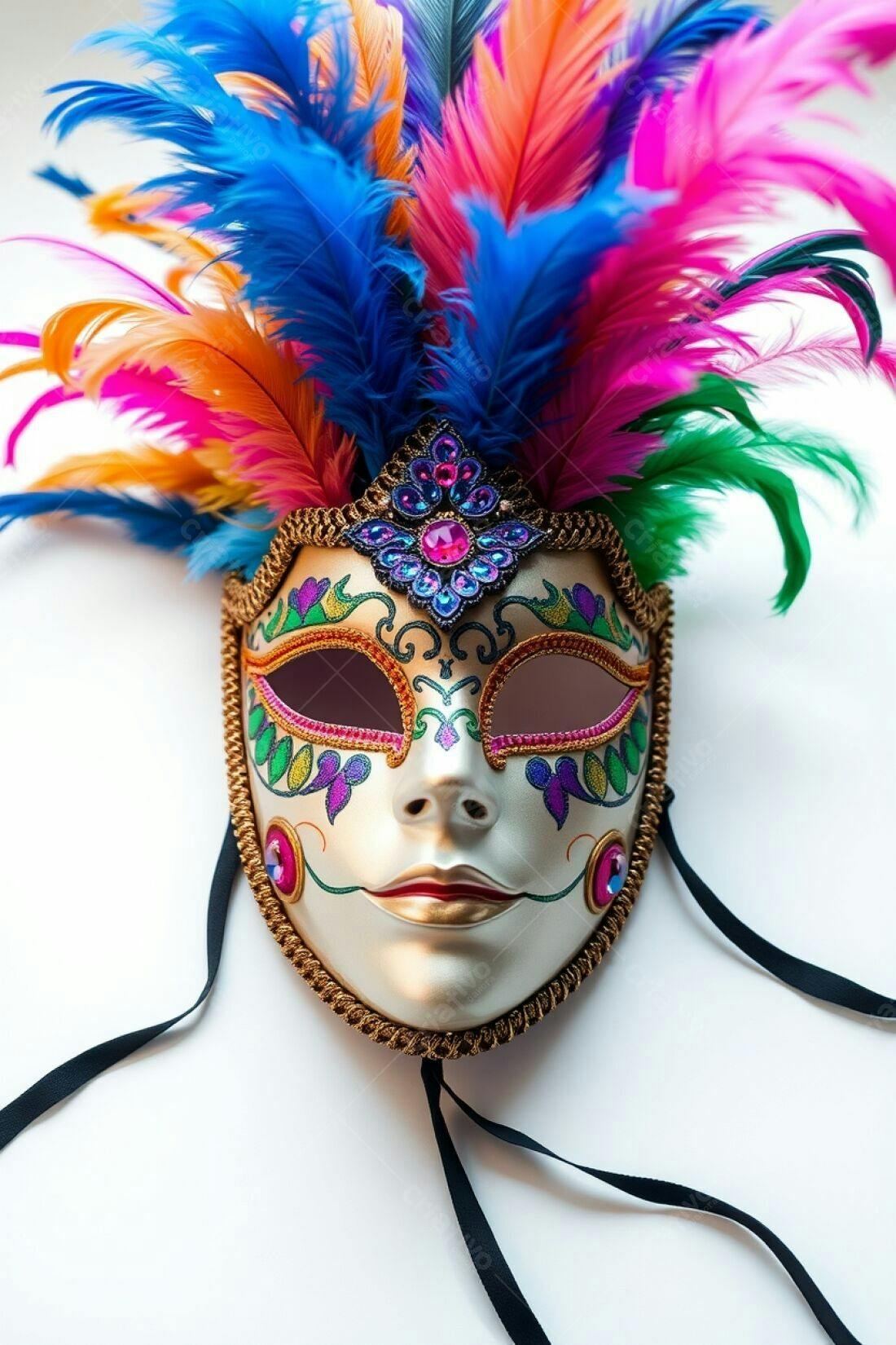 Máscara de Carnaval colorida com penas