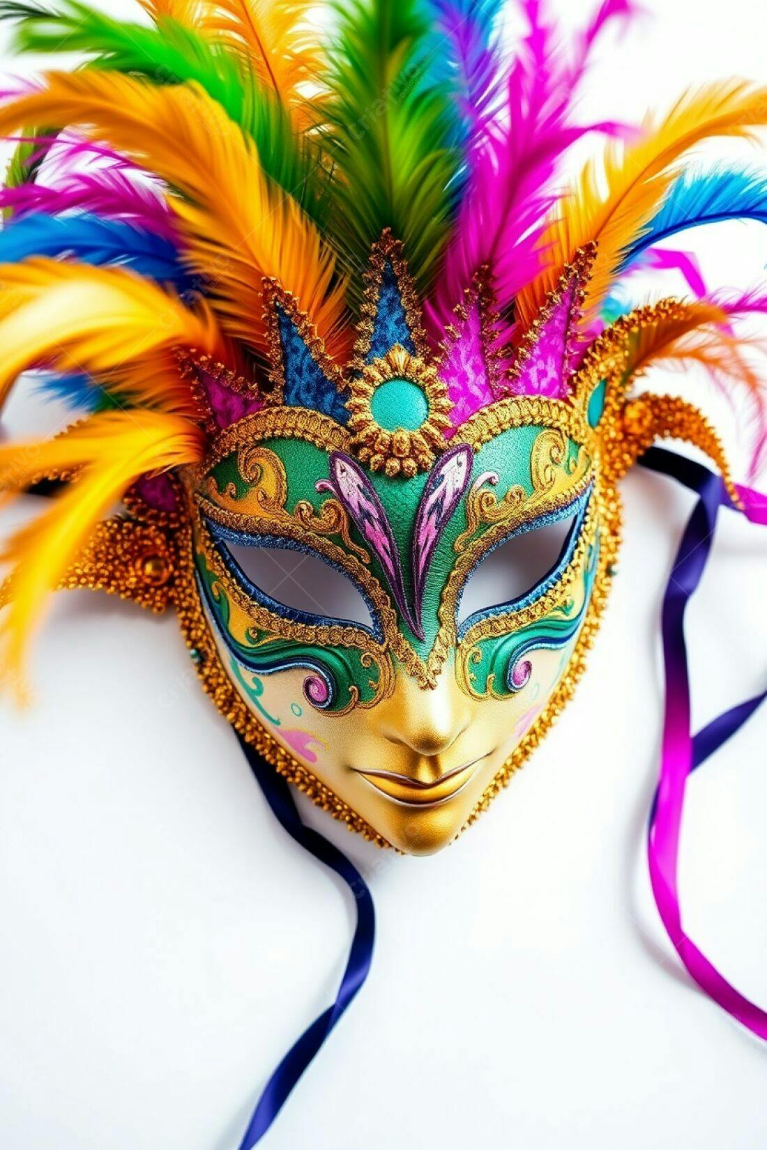 Máscara de Carnaval dourada com plumas vibrantes