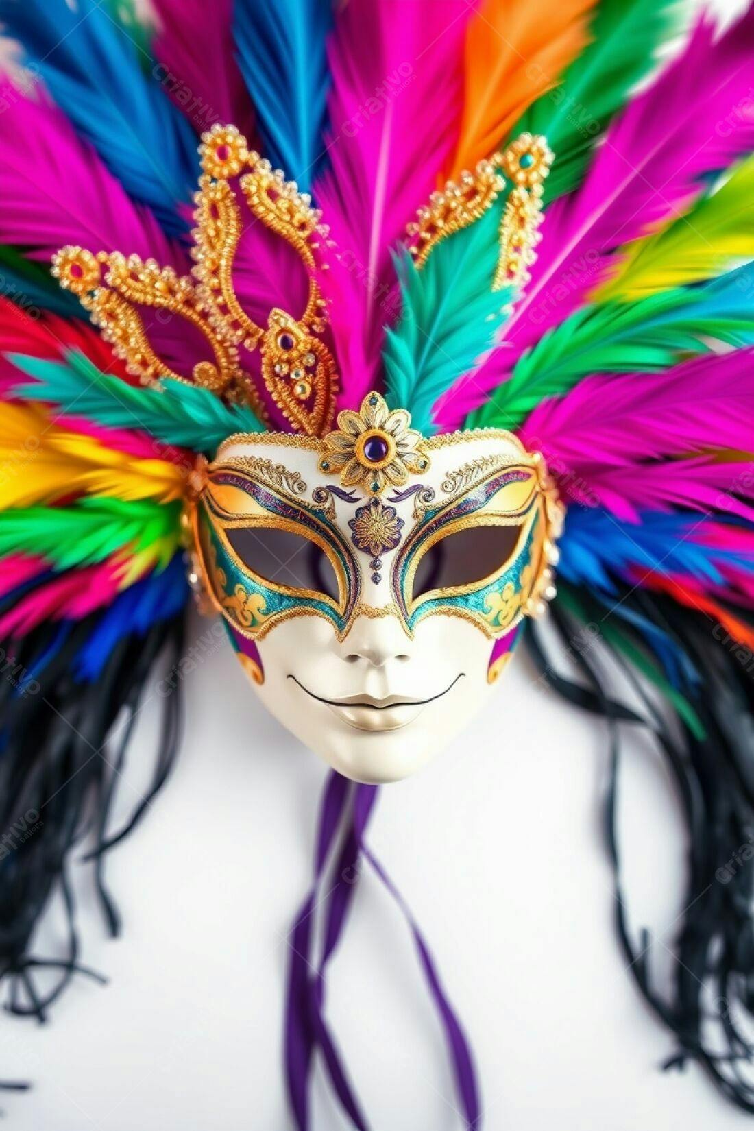 Máscara de Carnaval com Penas Coloridas