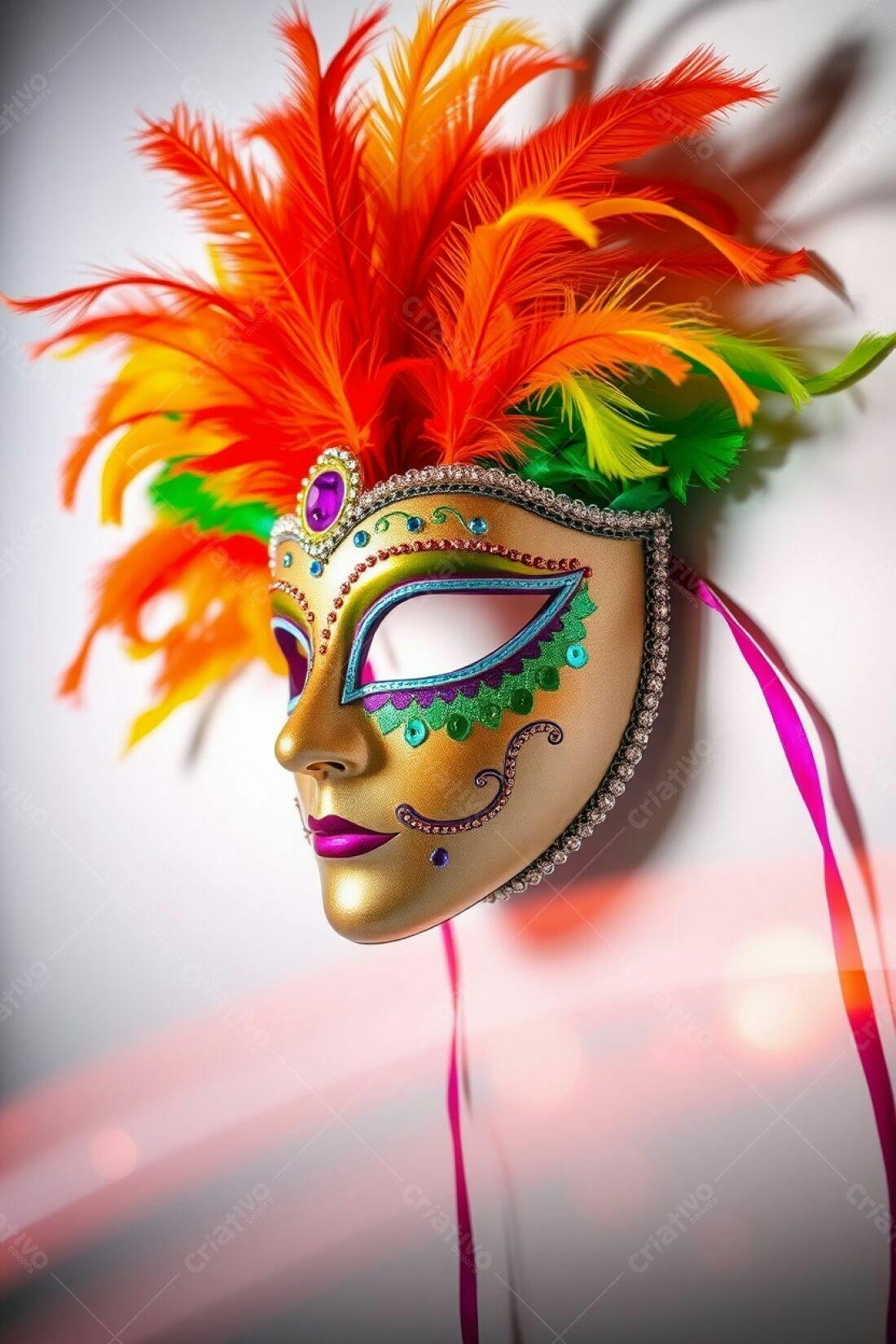 Máscara de Carnaval dourada com penas vibrantes