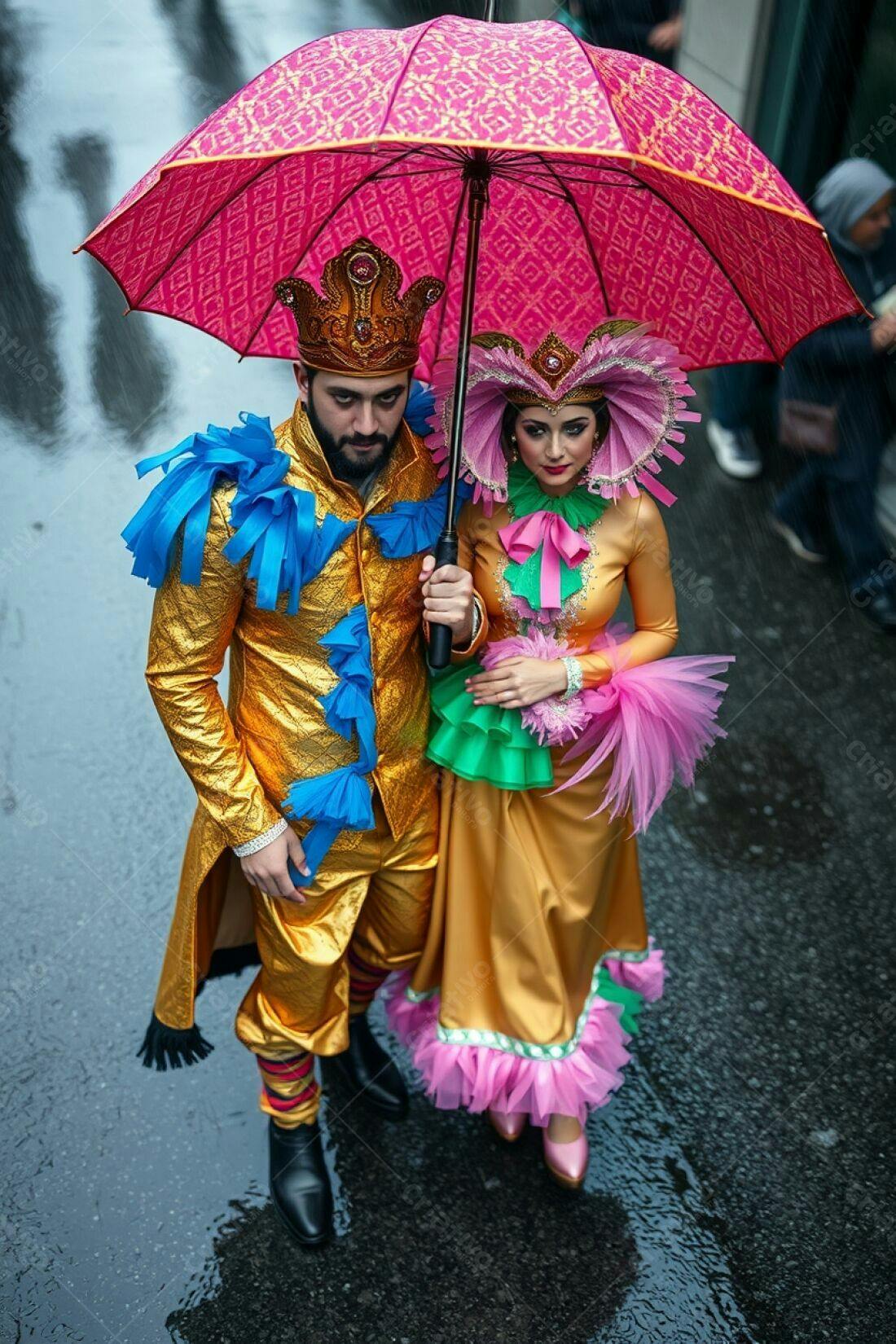 Casal em trajes reais sob guarda-chuva rosa