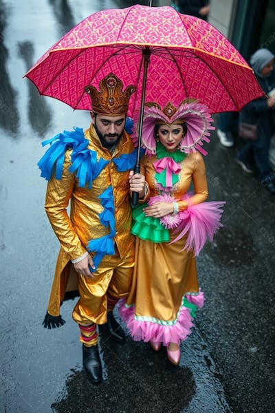 Casal Fantasiado Para O Carnaval Triste Por Chover No Carnaval