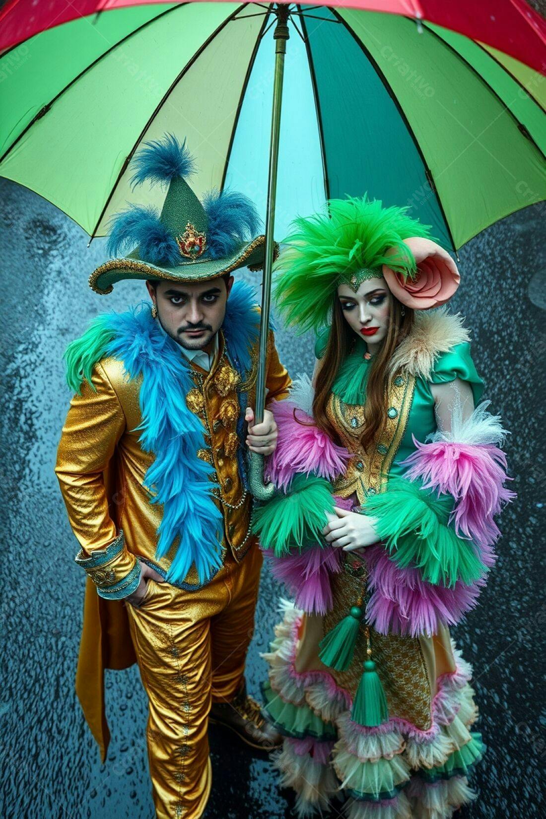 Casal em trajes de carnaval sob chuva