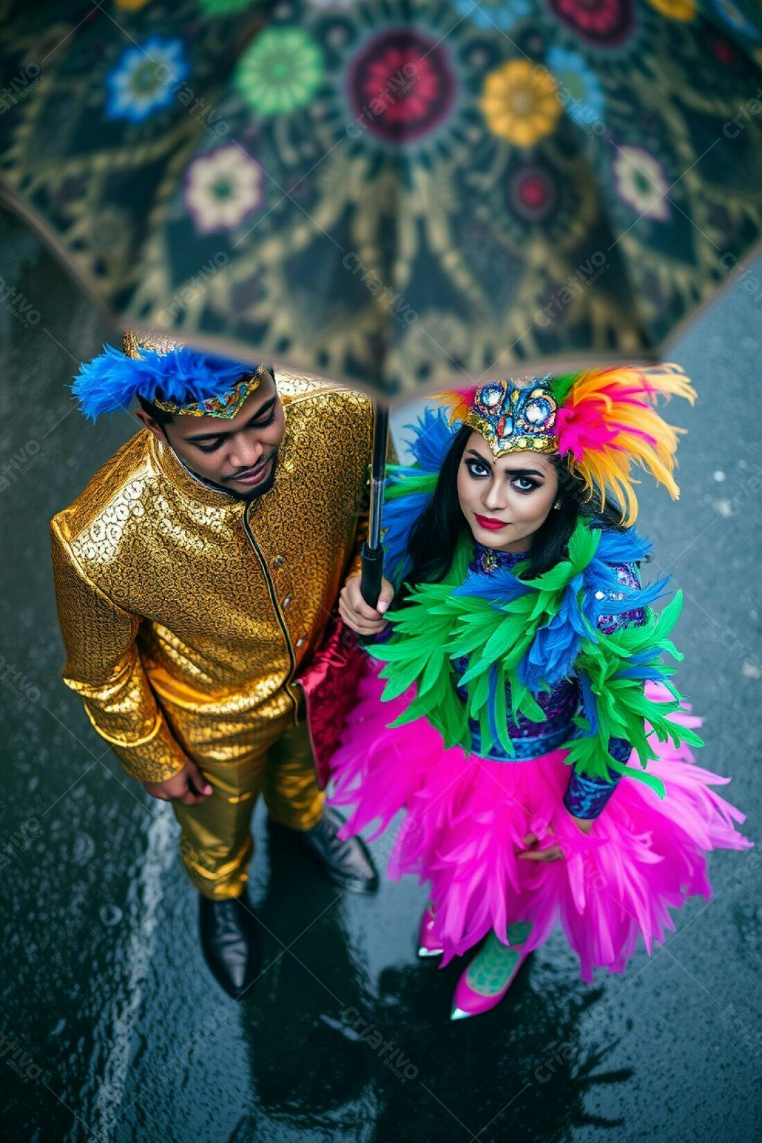 Casal fantasiado sob guarda-chuva colorido