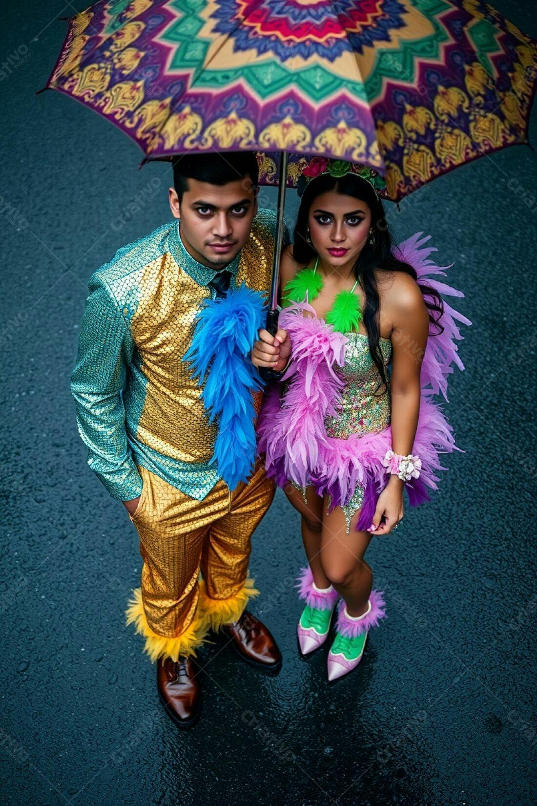 Casal fantasiado sob guarda-chuva colorido