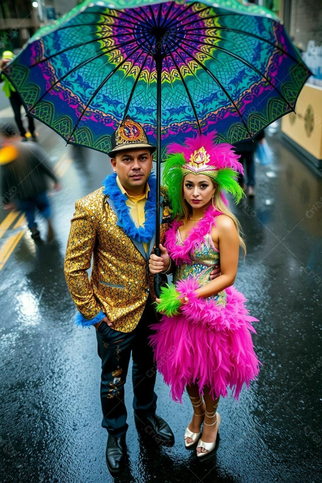 Casal com fantasias vibrantes sob guarda-chuva