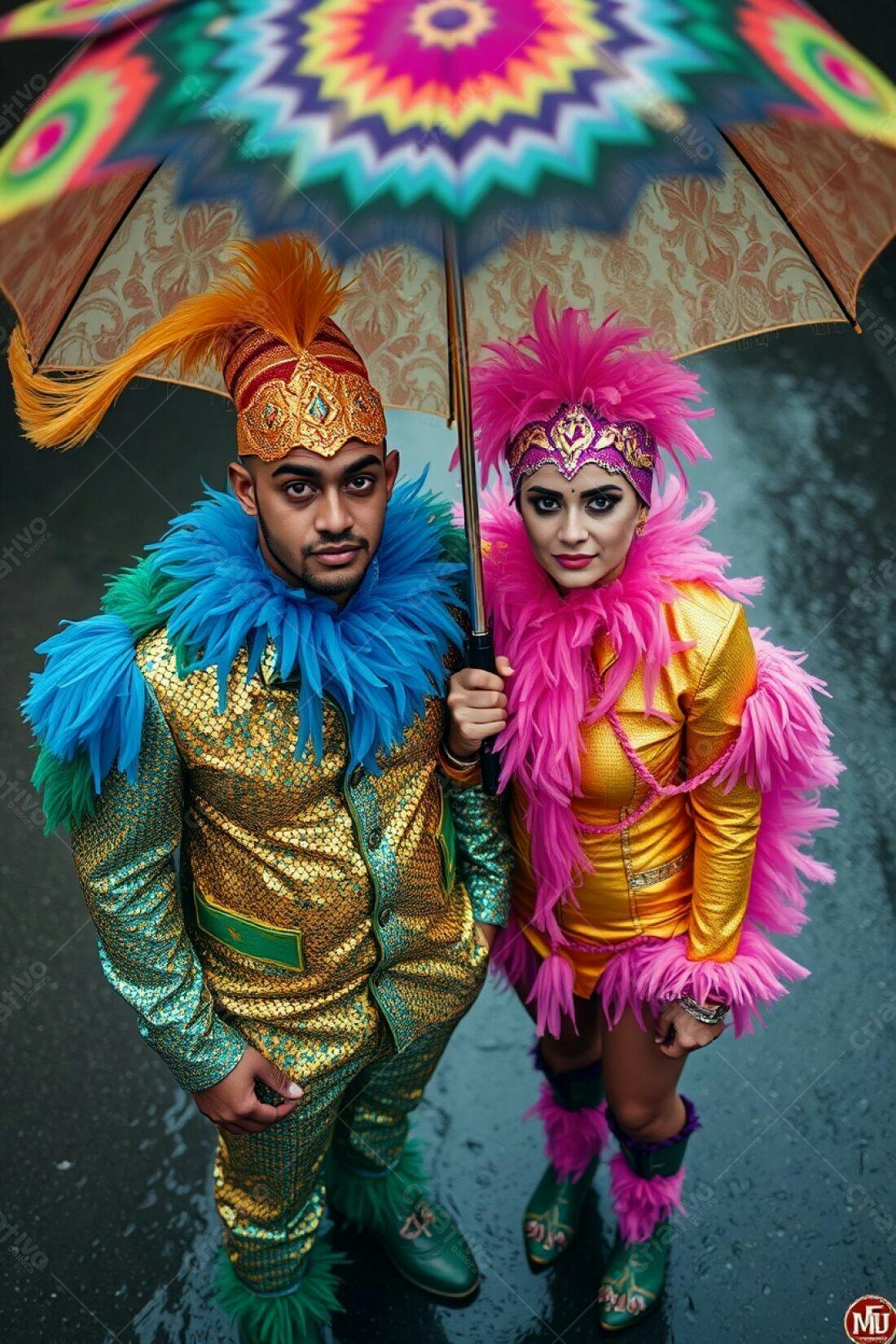 Casal com fantasias vibrantes em dia chuvoso