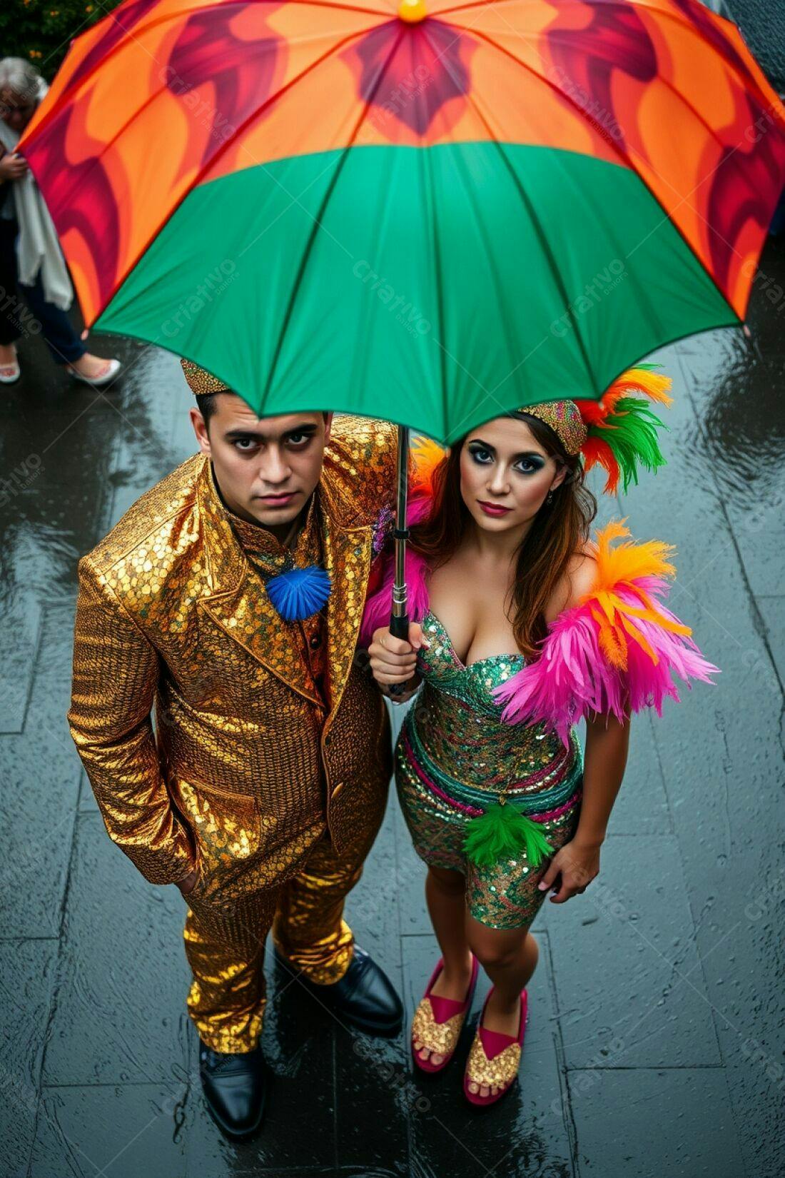 Casal sob guarda-chuva colorido em dia chuvoso