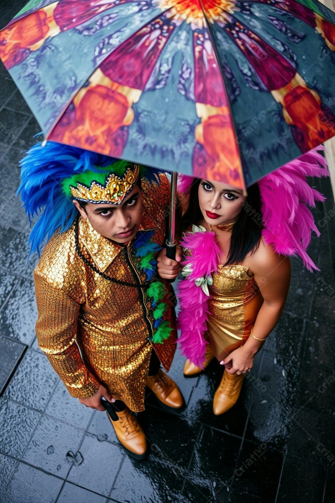 Casal em trajes dourados sob guarda-chuva colorido