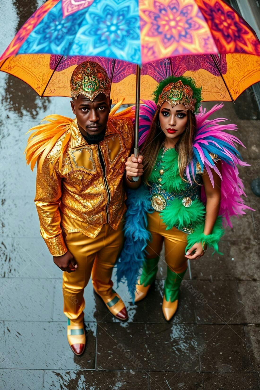 Casal em trajes de carnaval sob chuva