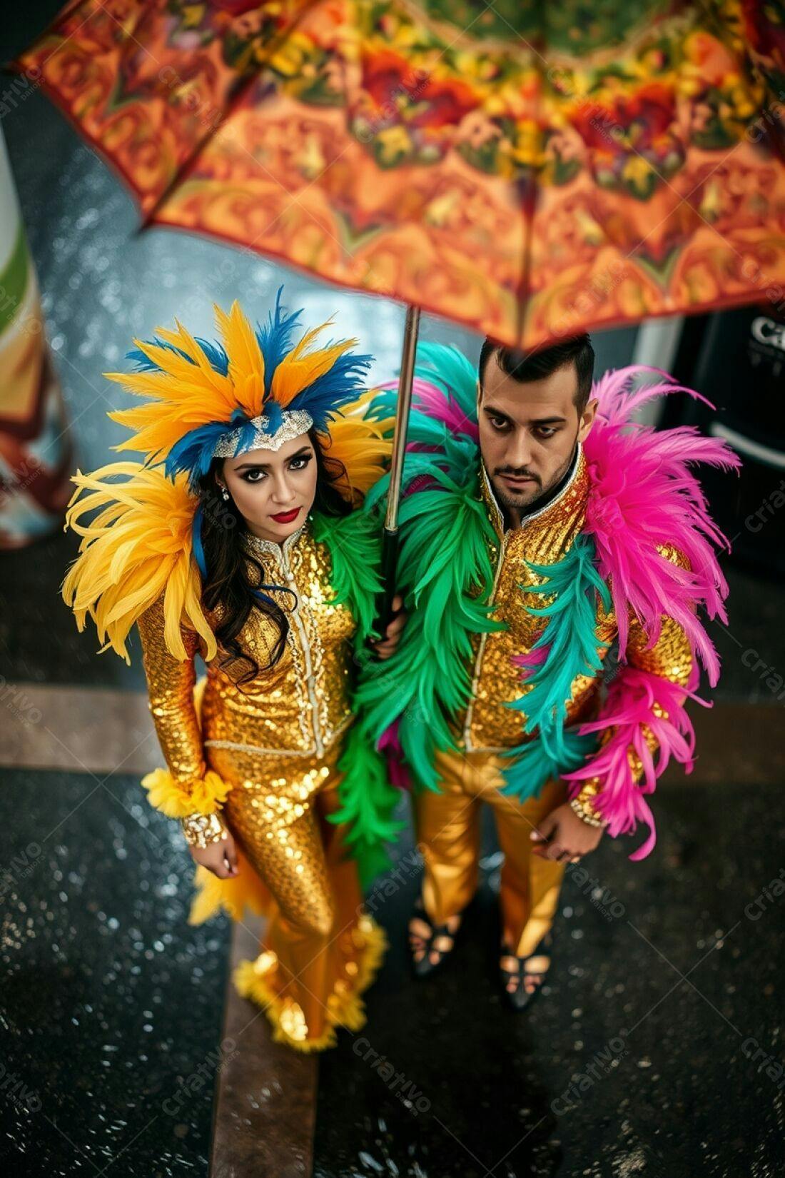 Casal em trajes de carnaval sob guarda-chuva