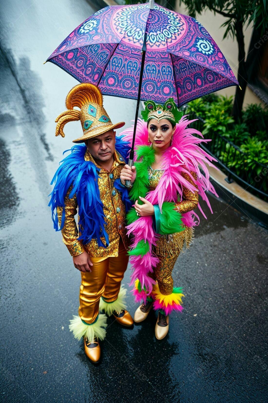 Casal em trajes de carnaval sob chuva